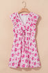 Floral Ruffle Shoulder V Neck Mini Dress with Bow Detail